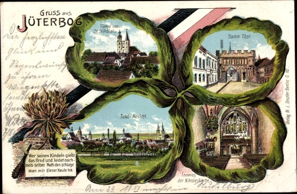 Cloverleaf Chromo-Litho Jüterbog in the Teltow Fläming district, St. Nikolai, Damm Tor, interior of the Nikolaikirche
