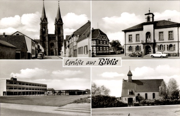 Postcard Biblis am Rhein Hesse, church, town hall, local areas