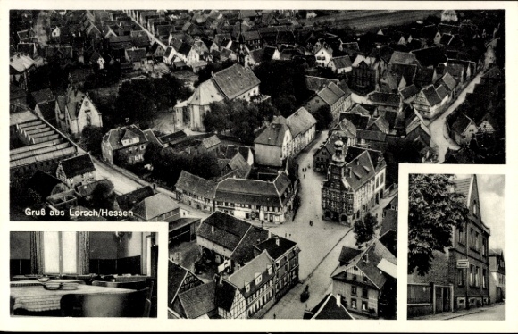 Postcard Lorsch on the Bergstraße Hesse, aerial view of building, landscape, Gasthaus Euterpia