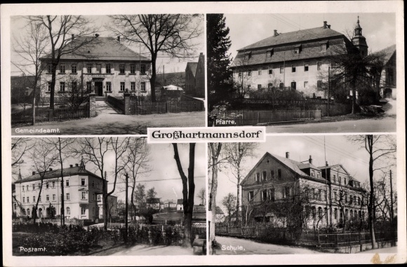 Postcard Großhartmannsdorf in the Ore Mountains, municipal office, parish, post office, school