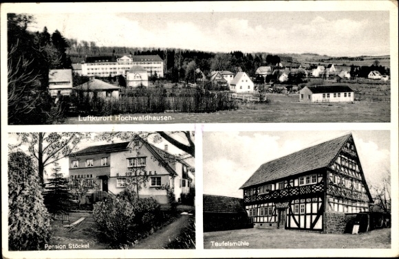 Postcard Hochwaldhausen Grebenhain Hesse, Panorama, Teufelsmühle, Pension Stöckel