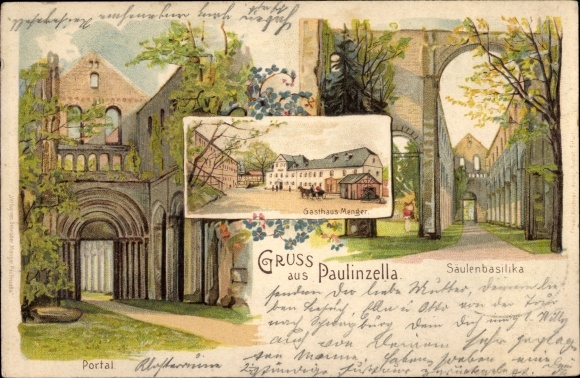 Chromo-Litho Paulinzella Königsee Rottenbach, portal and columned basilica, inn Menger, monastery