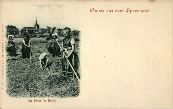 Ak Burg im Spreewald, groeten uit het Spreewald, vrouwen werken in het hooi, traditionele kleding