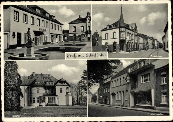 Postcard Schiefbahn Willich am Niederrhein, Sparkasse, Hubertusstraße, monastery