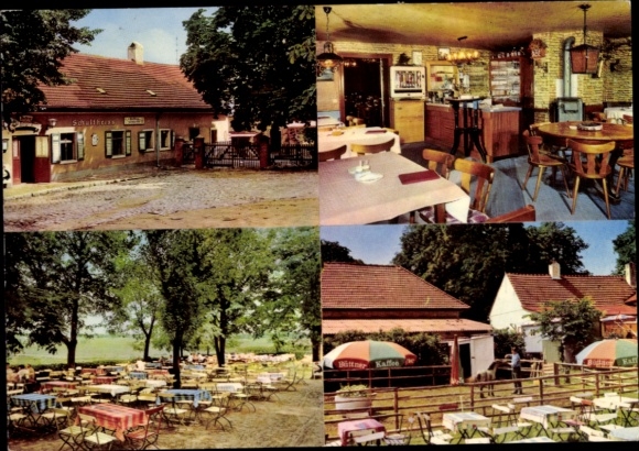 Postcard Berlin Reinickendorf Lübars, Dorfkrug Zum lustigen Finken, exterior and interior view, garden tables