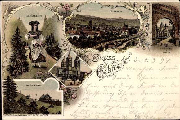 Litho Guebwiller Gebweiler Elsass Haut Rhin, Gesamtansicht, Frau in Tracht, Kirche, Hotel