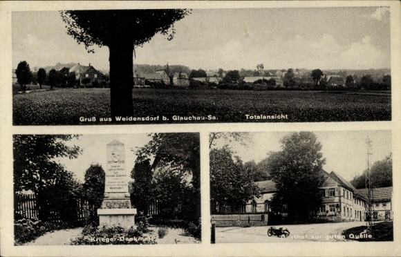 Postcard Weidensdorf Remse in Saxony, total view, war memorial, inn to the good source