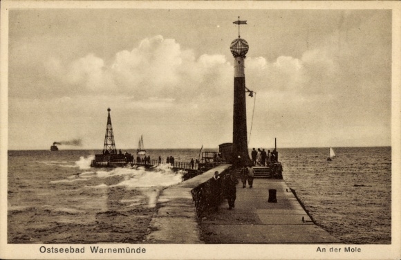 Postcard Ostseebad Warnemünde Rostock, lighthouse, pier, ships, people, Baltic Sea