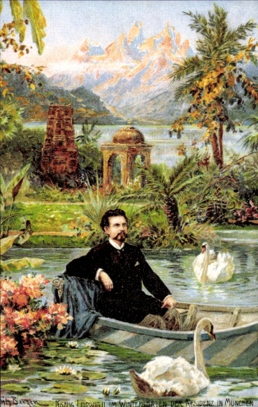 Artist Postcard King Ludwig II, rowing boat, pond, swans