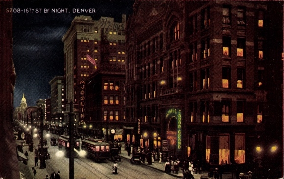 Postcard Denver Colorado, 16th Street by Night, Tabor Grand, tram