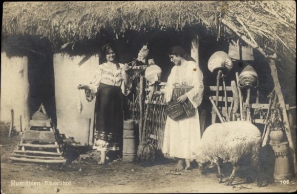 Postcard Women in Romanian Costumes, Sheep, Spindle