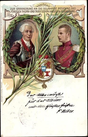 Coat of arms litho Prince Alexander Ferdinand von Thurn und Taxis, Prince Albert, 150th anniversary 1898