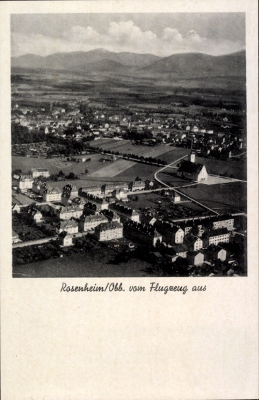 Postcard Rosenheim Upper Bavaria, aerial view of mountain landscape, buildings, lettering