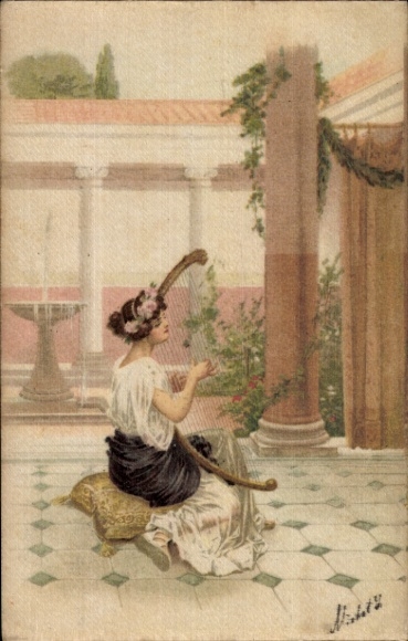 Litho Junge Frau spielt Harfe, Musikinstrument