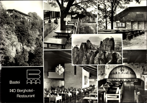 Postcard Lohmen in the Elbe Sandstone Mountains, HO Berghotel Bastei, interior views, Bastei bridge