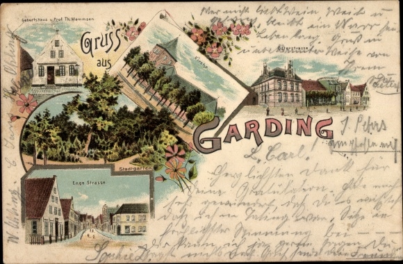 litho Garding in Noord-Friesland, Osterstraße, Enge Straße, kerk, geboortehuis van Th. Mommsen