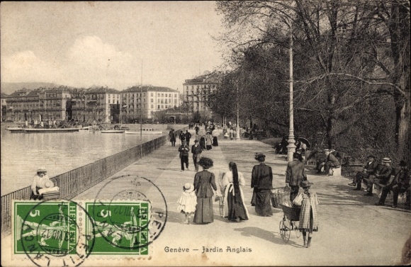 Ak Genève Genf Schweiz,  Jardin Anglais, Spaziergänger, Boote, Bäume