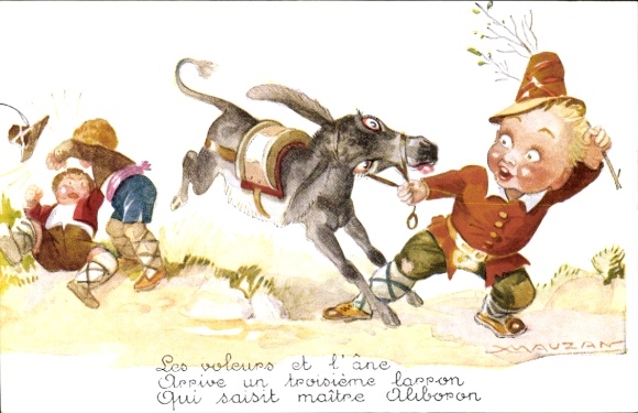 Artist Postcard Mauzan, Les voleurs et l'âne