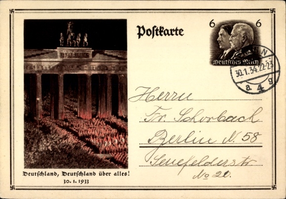 Ganzsachen Ak Berlin, Deutschland über alles, Aufmarsch 30. Januar 1933, Brandenburger Tor