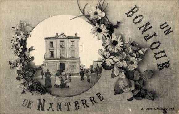 Ak Nanterre Hauts de Seine,  mit Blumenrahmen, Gebäude und Personen, Text 'Un Bonjour de Nanterre