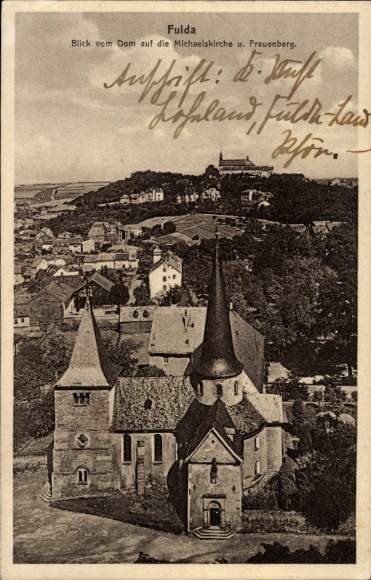 Ak Fulda in Hessen, uitzicht vanaf de kathedraal, Michaelskerk, Frauenberg, oude architectuur, stadsgezicht