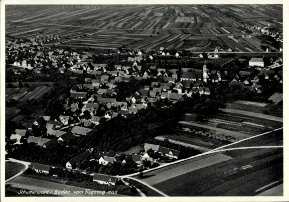Postcard Schutterwald in Baden Württemberg, aerial photograph of houses and fields, 1938