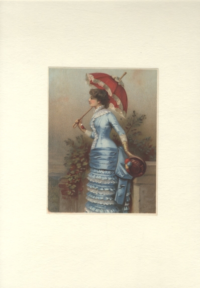 Oblate / Lacquer picture Young woman in blue dress with hat and umbrella, approx. 15 x 11 cm