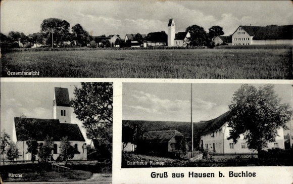 Postcard Hausen Buchloe im Allgäu, church, Gasthaus Rampp, panorama