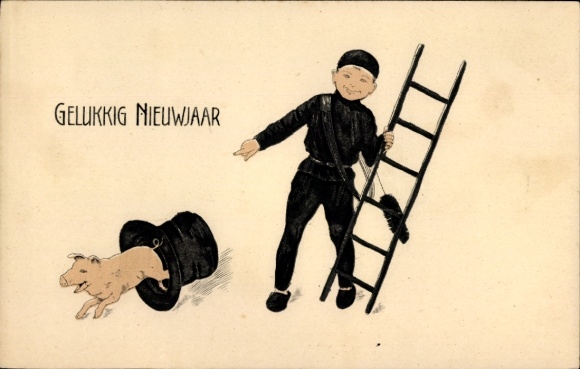 Postcard Happy New Year, chimney sweep with ladder, pig