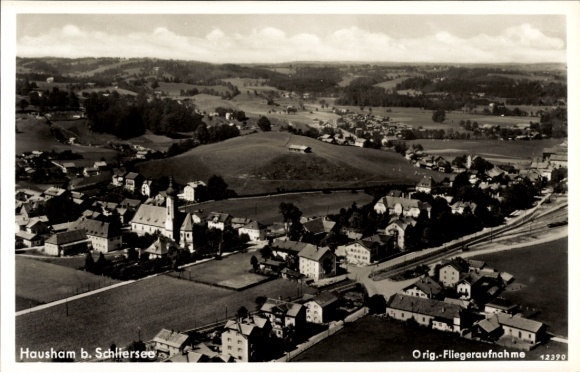 Postcard Hausham in Upper Bavaria, aerial view of Hausham, rural surroundings, numerous buildings, church
