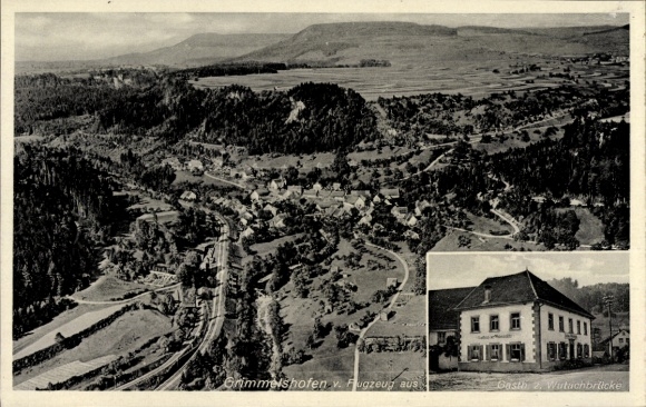 Ak Grimmelshofen Stühlingen im Schwarzwald Baden, Luftbild von  Gasthaus Wutachbrücke