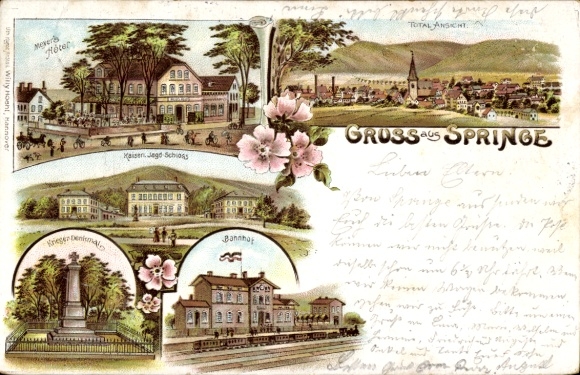 Litho Springe am Deister, Bahnhof, Meyer's Hotel, Kaiserliches Jagdschloss, Kriegerdenkmal
