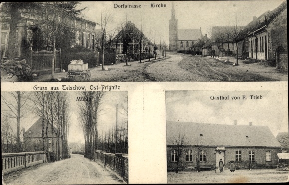 Postcard Telschow Putlitz in the Prignitz, Dorfstrasse, church, mill, inn