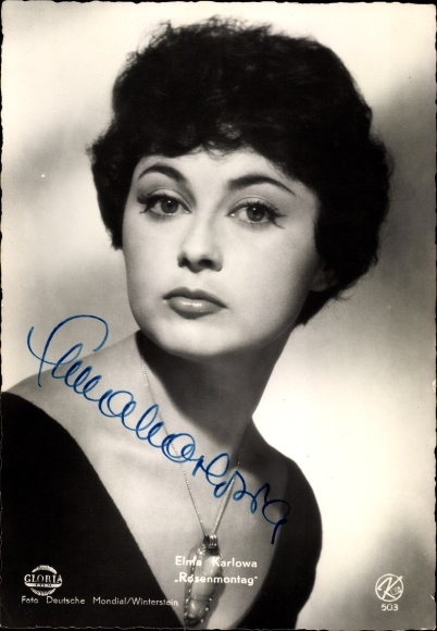 Postcard actress Elma Karlowa, portrait, Shrove Monday, Gloria, autograph