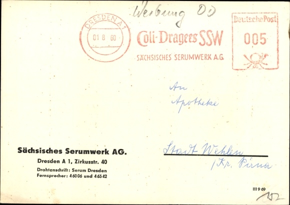 Postcard Dresden, Sächsisches Serumwerk AG, Zirkusstrasse 40, advertisement, rheumatoid skin vaccine