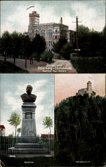 Postcard Dresden West Cossebaude, Osterberg Inn, Monument, Elevated View