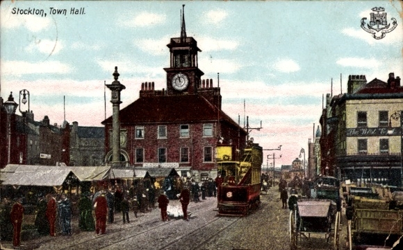Postcard Stockton on Tees Durham England, Town Hall, tram, market stalls, people