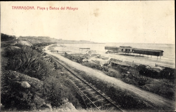 Ak Tarragona Katalonien Spanien, Playa y Banos del Milagro, Bahnschienen