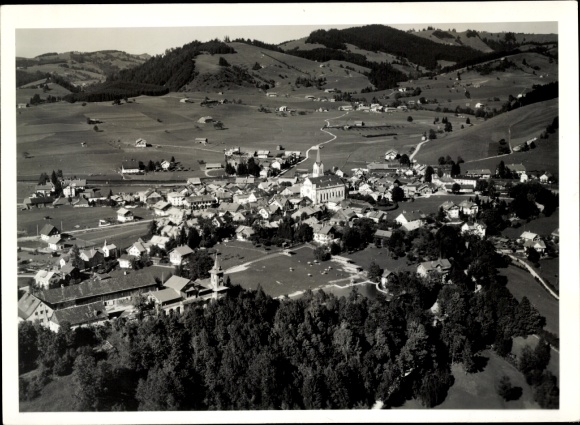 Postcard Oberstaufen in Allgäu, aerial photograph, church