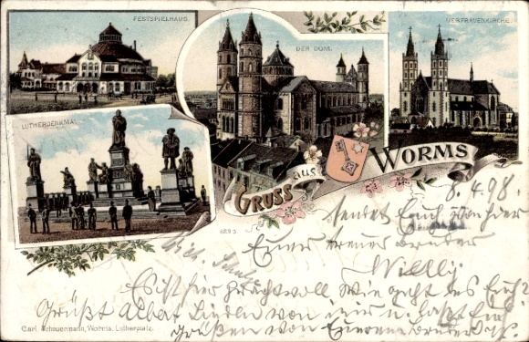 Chromo-Litho Worms am Rhein, Cathedral, Panorama, Grand Duke Monument, Luther Monument