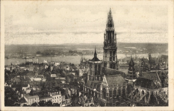 KP Antwerpia Flandria, panorama miasta, wieża kościoła, port