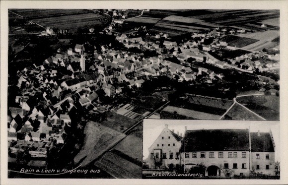 Postcard Rain am Lech in Swabia, aerial photograph, Labor Service Department 4/133