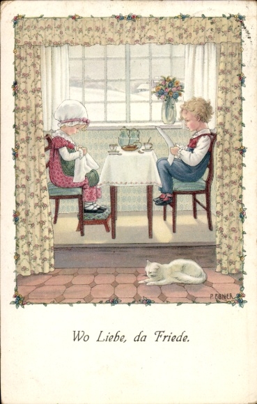 Artist Postcard Ebner, Pauli, Where love there is peace, children read newspaper and knit at table, cat