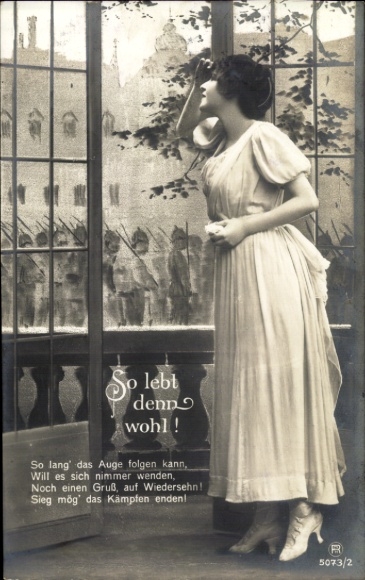Postcard Woman stands at the window and says goodbye, So farewell!, saying