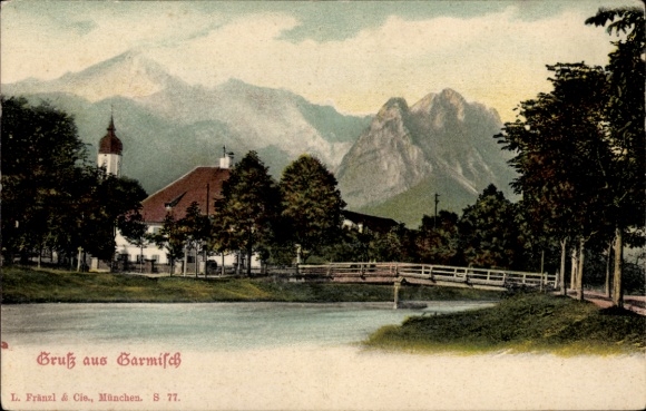 Postcard Garmisch Partenkirchen in Upper Bavaria, mountain landscape, lake, bridge, trees, church