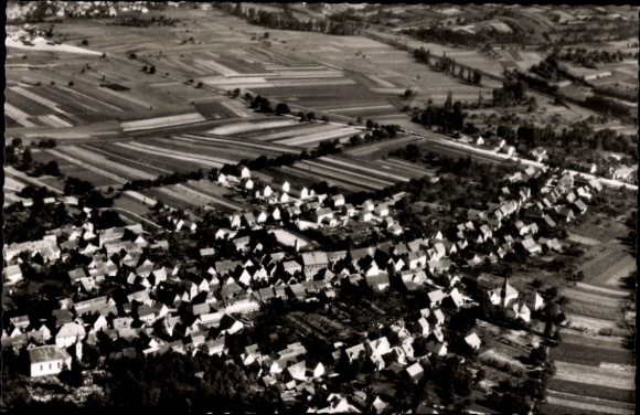 Postcard Helmsheim Bruchsal in Kraichgau Baden, aerial view of a village, agricultural fields,
