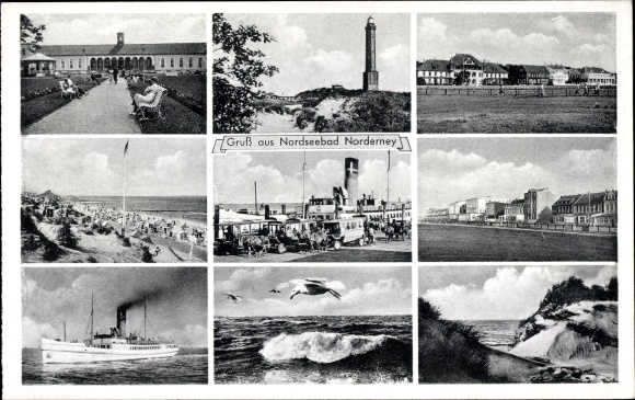 Ak Norderney, stoomboot, strandfoto's, vuurtoren, zeemeeuw, duinen