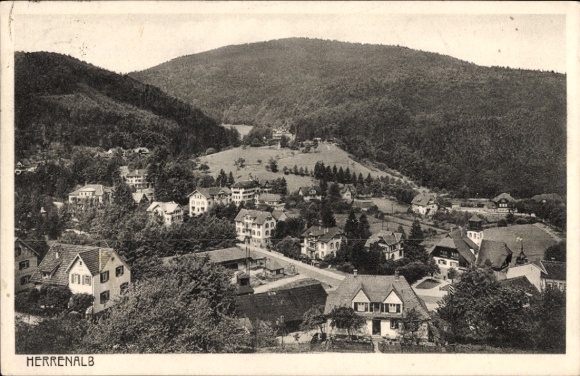 Postcard Bad Herrenalb in the Black Forest, landscape with houses, mountains in the background,