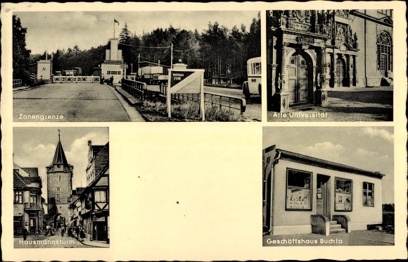 Ansichtkaart Helmstedt in Nedersaksen, zonegrens, oude universiteit, Buchta business, Hausmannsturm