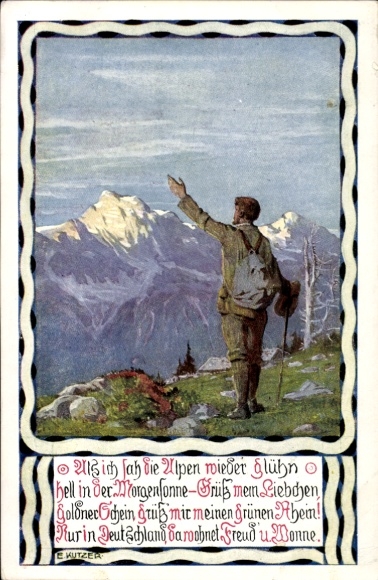 Artist Postcard Kutzer, E., Alps, Hikers